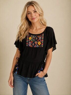 ❤️ LOVE STITCH EMBROIDERED BOHO PEASANT TOP, SMALL